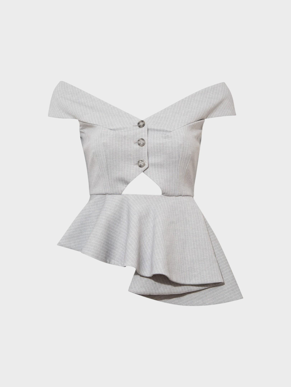 Çapraz Kayık Yaka Düğmeli Bluz - Gri Çizgili