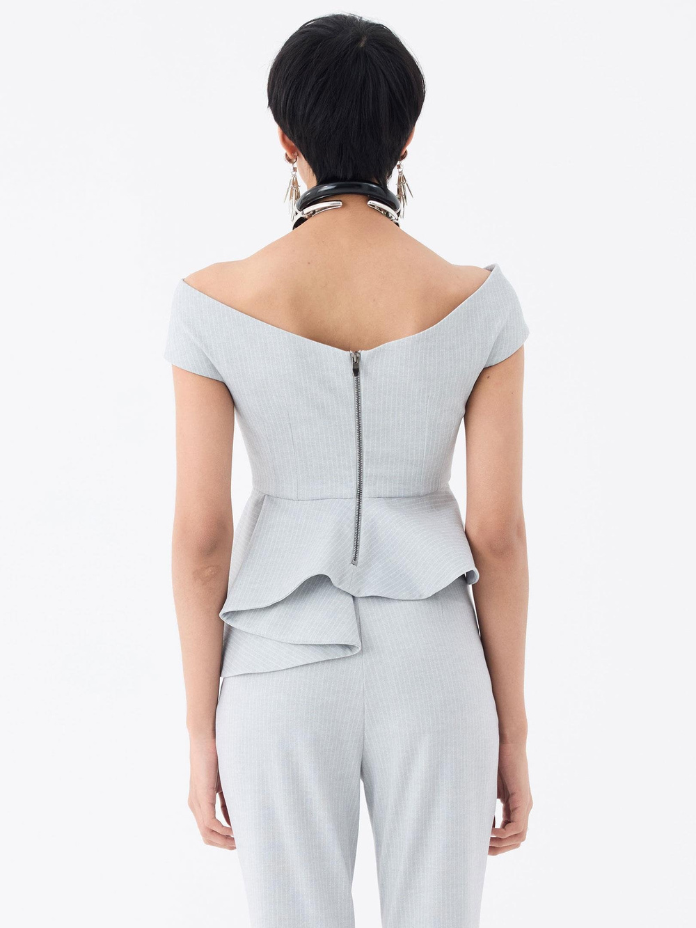 Çapraz Kayık Yaka Düğmeli Bluz - Gri Çizgili