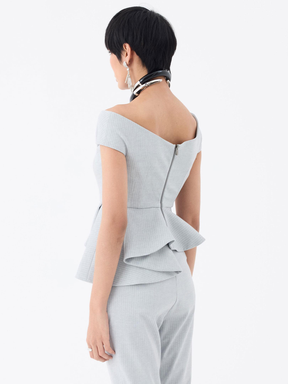 Çapraz Kayık Yaka Düğmeli Bluz - Gri Çizgili