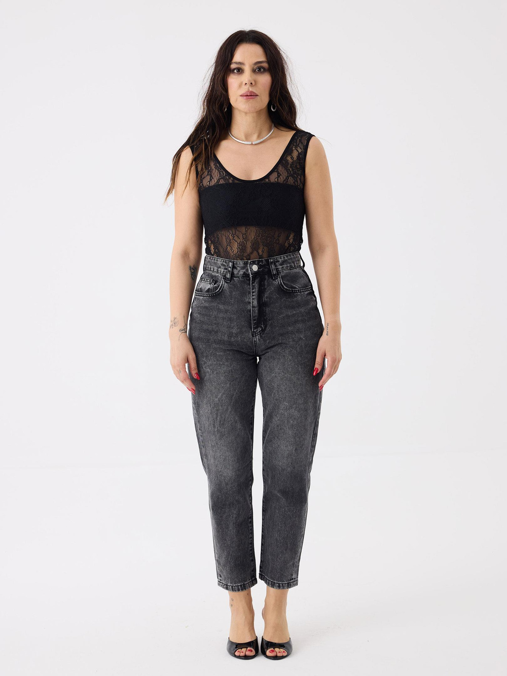 Dantel Bisiklet Yaka Body - Siyah