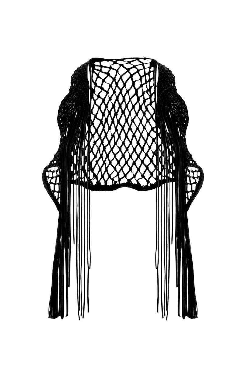 Deri Püsküllü Yelek - Siyah