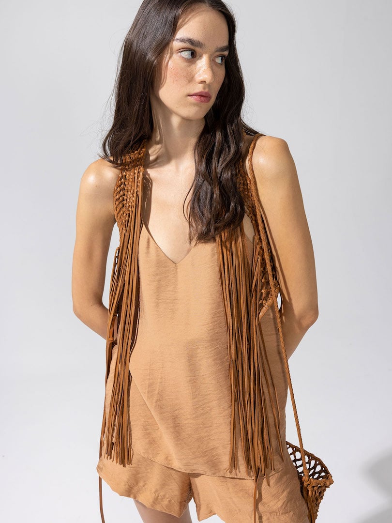 Deri Püsküllü Yelek - Taba