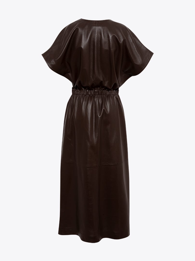 Derin Yaka Yırtmaçlı Deri Elbise - Kahve