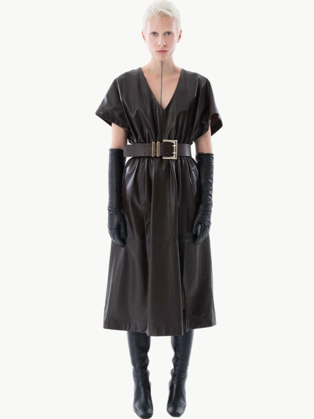 Derin Yaka Yırtmaçlı Deri Elbise - Kahve