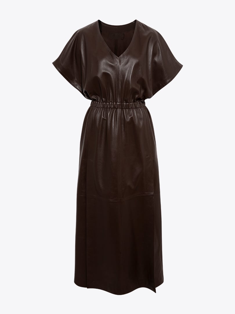 Derin Yaka Yırtmaçlı Deri Elbise - Kahve