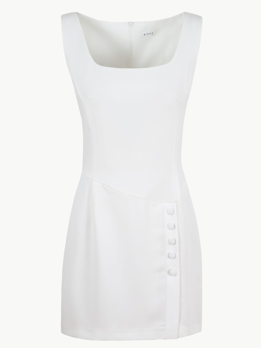 Düğme Detaylı Kare Yaka Elbise - Beyaz