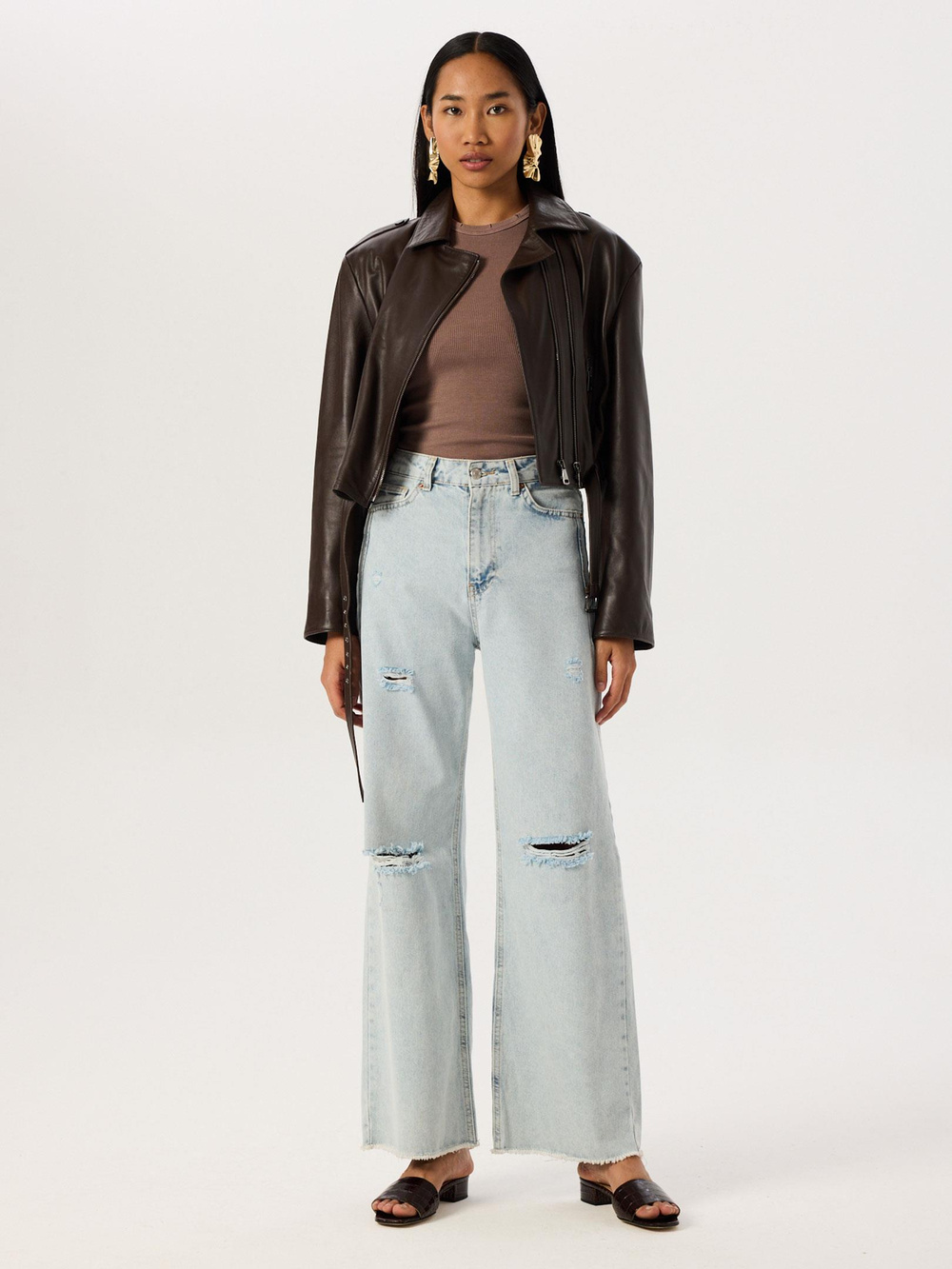 Eskitme Detaylı Bol Paça Jean Pantolon - Mavi