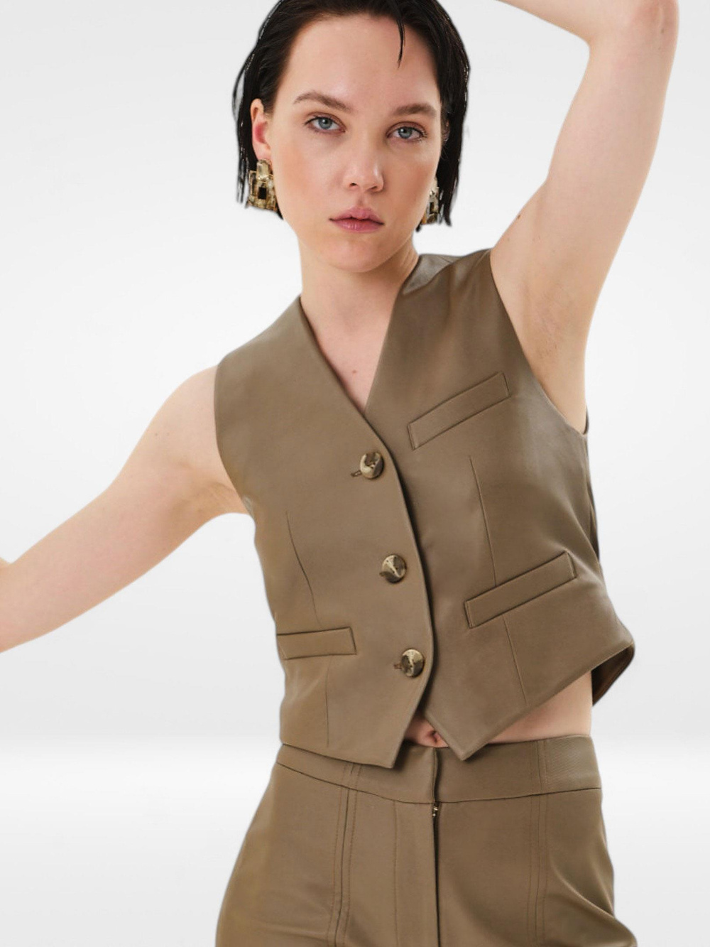 Fleto Cep Detaylı Vegan Deri Yelek - Camel