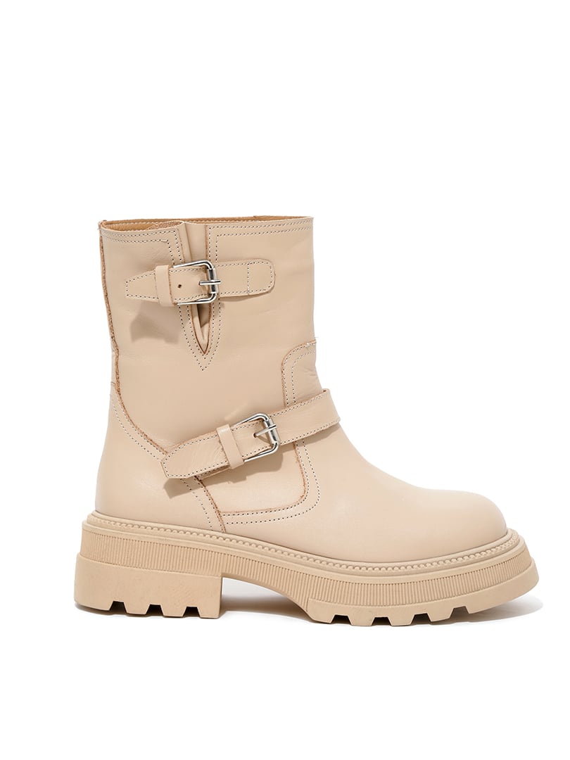 Gümüş Tokalı Uzun Deri Bot - Bej