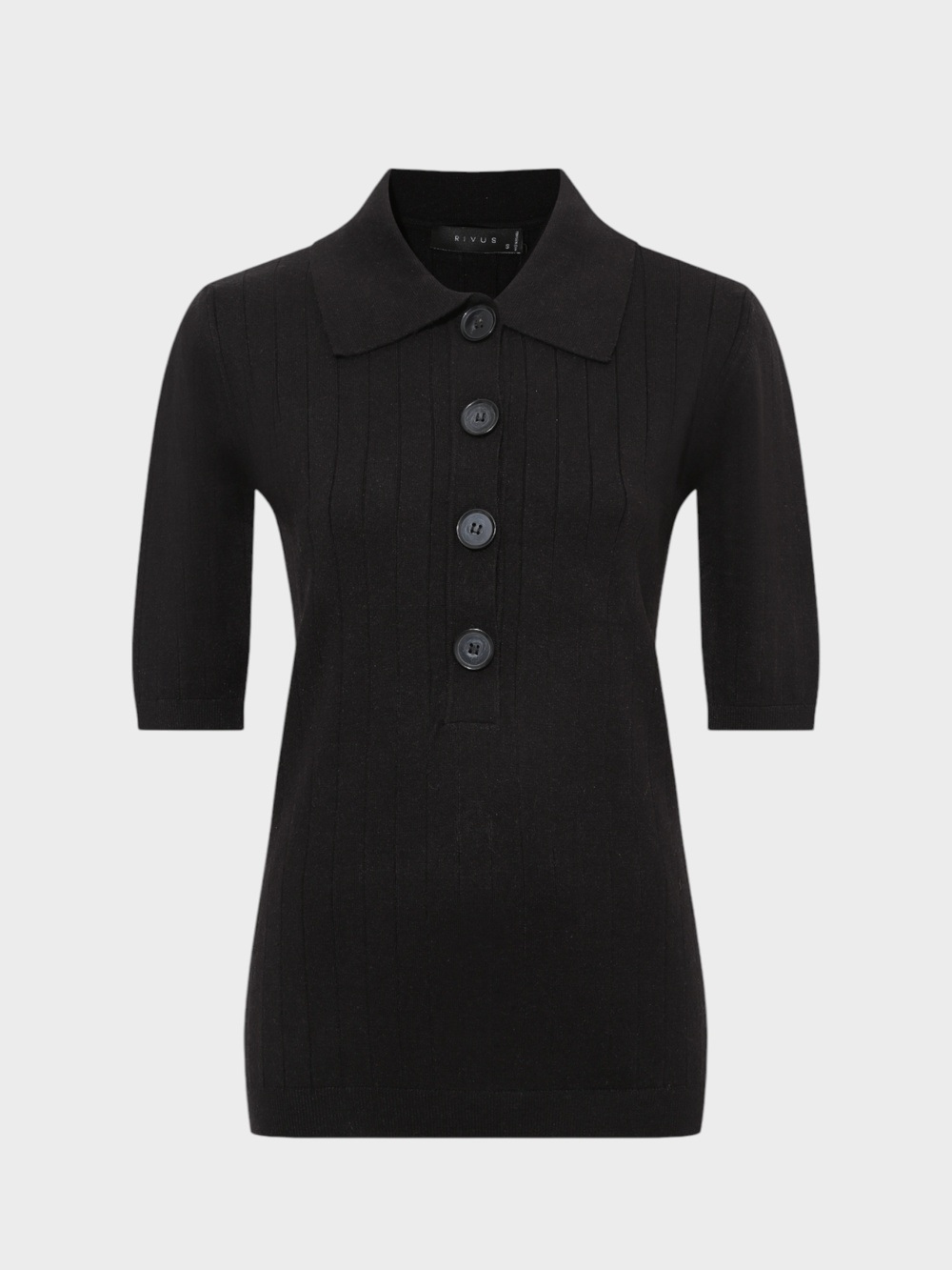 İkonik Düğmeli Yakalı Truvakar Kollu Örme Bluz - Siyah