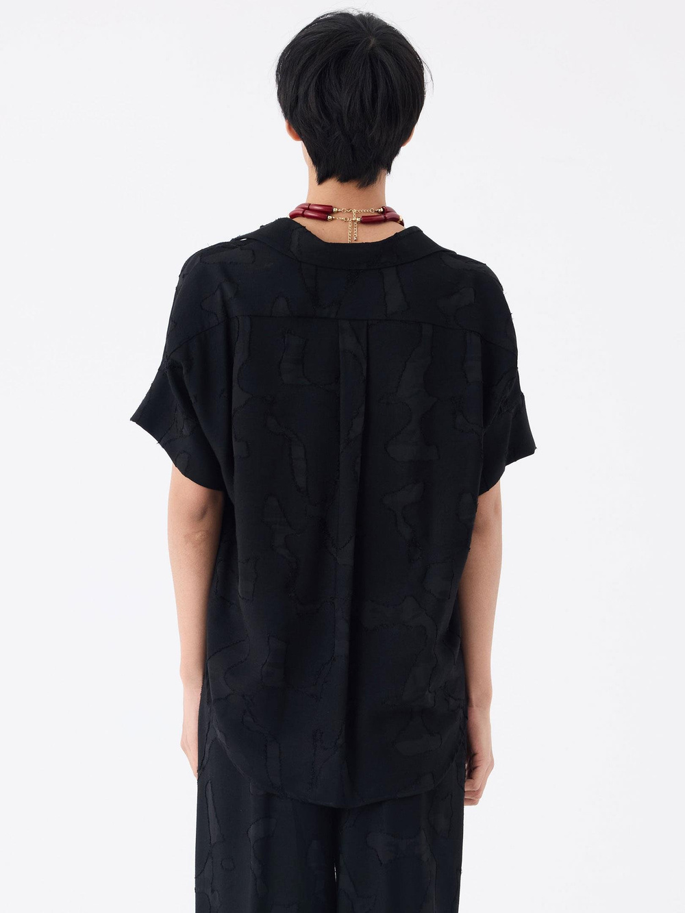 Jakarlı Kısa Kol Oversize Gömlek - Siyah