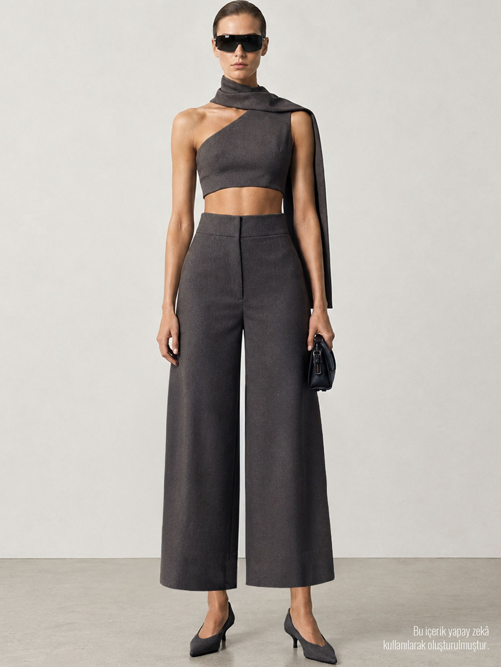 Asimetrik Şal Detaylı Crop Bluz - Gri