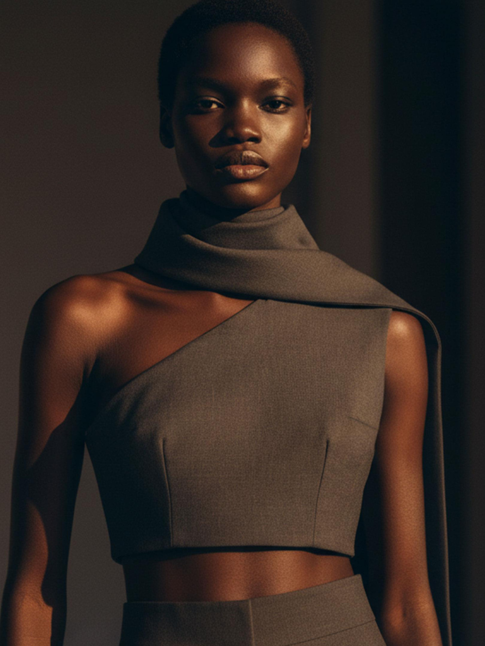 Asimetrik Şal Detaylı Crop Bluz - Gri