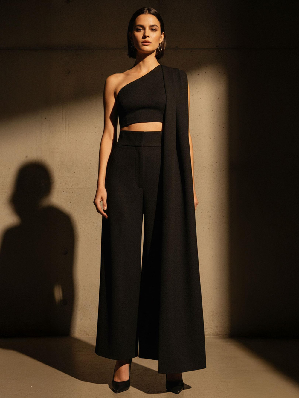 Asimetrik Şal Detaylı Crop Bluz - Siyah