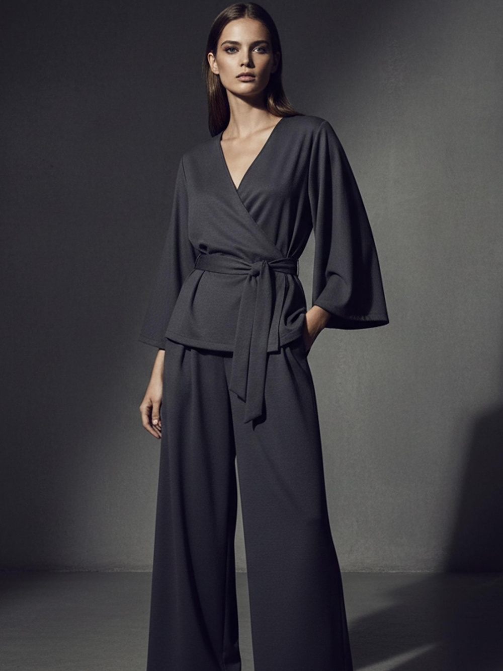 Bağlama Detaylı Kruvaze Yaka Dökümlü Bluz - Lacivert