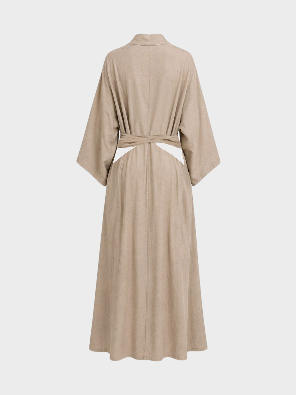 Beli Bağlama Detaylı Keten Kimono - Kahve