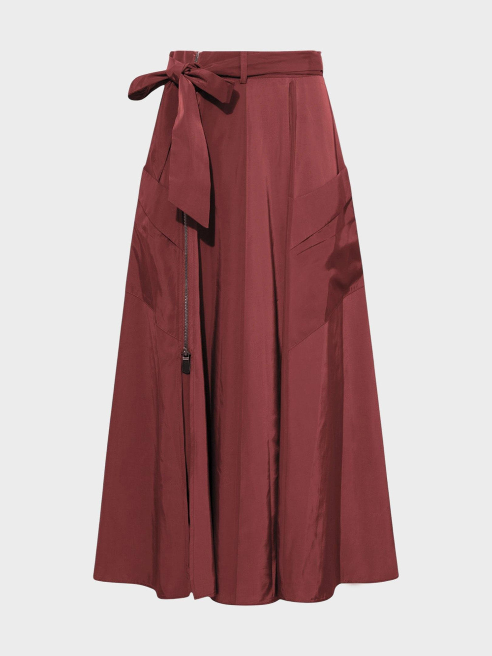Beli Kuşaklı Fermuarlı Yırtmaç Detaylı Cepli Etek - Bordo