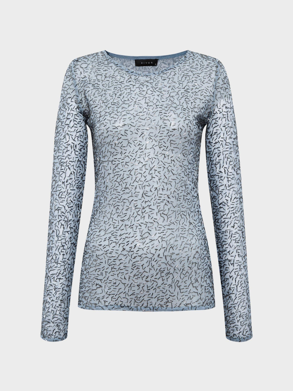 Bisiklet Yaka Boncuk Taş Detaylı  Uzun Kollu Transparan Bluz - Mavi