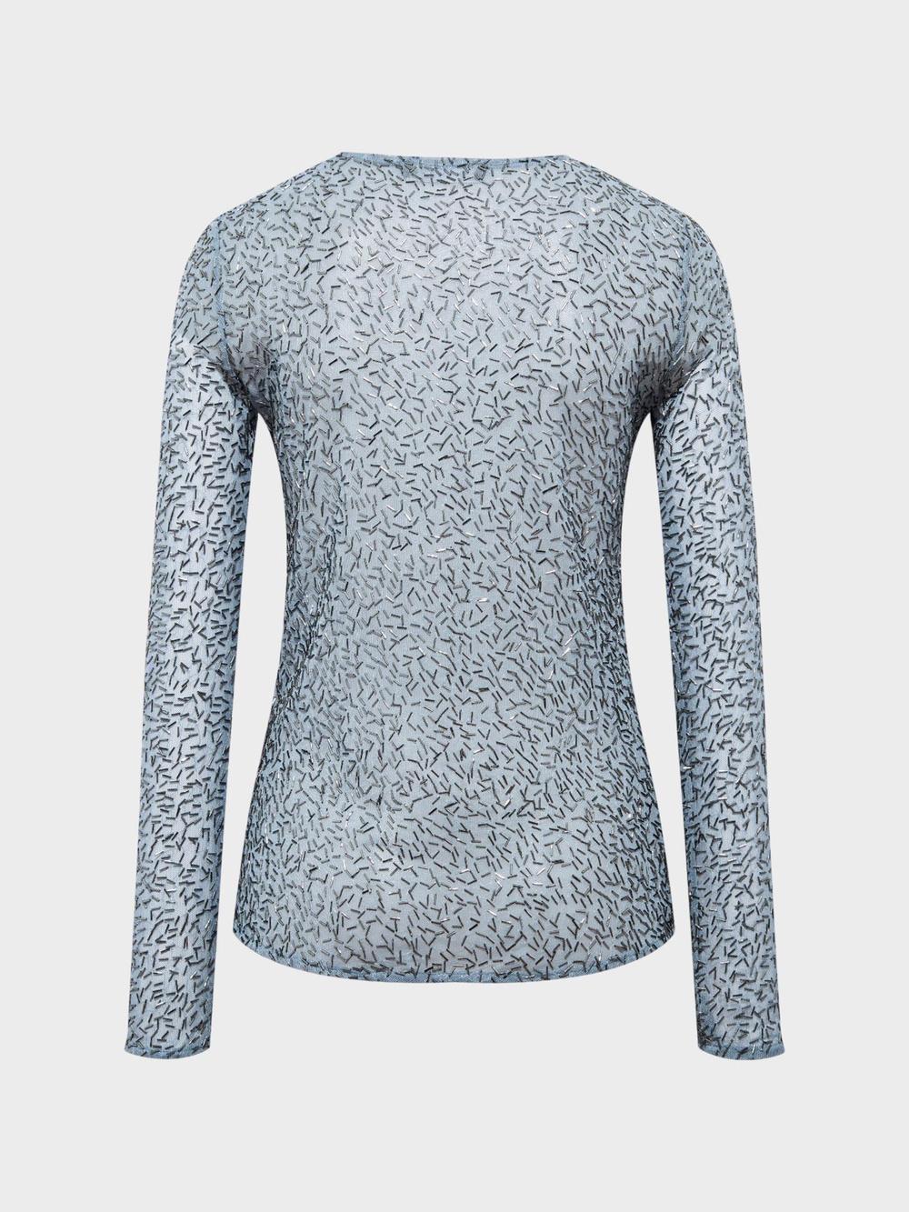 Bisiklet Yaka Boncuk Taş Detaylı  Uzun Kollu Transparan Bluz - Mavi