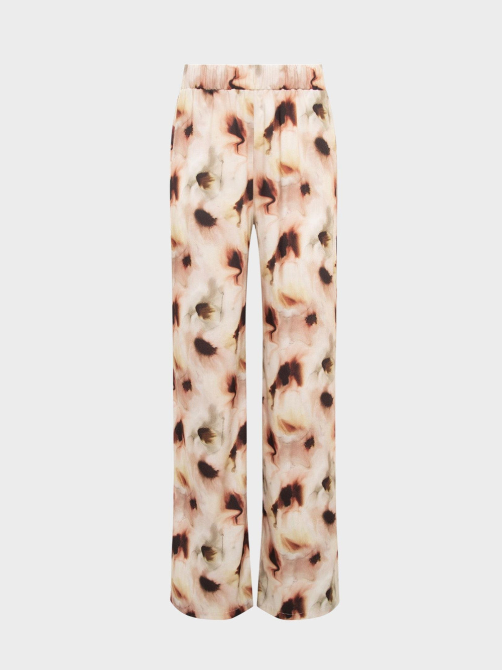 Çiçek Desenli Beli Lastikli Geniş Paça Pantolon - Bej Desenli