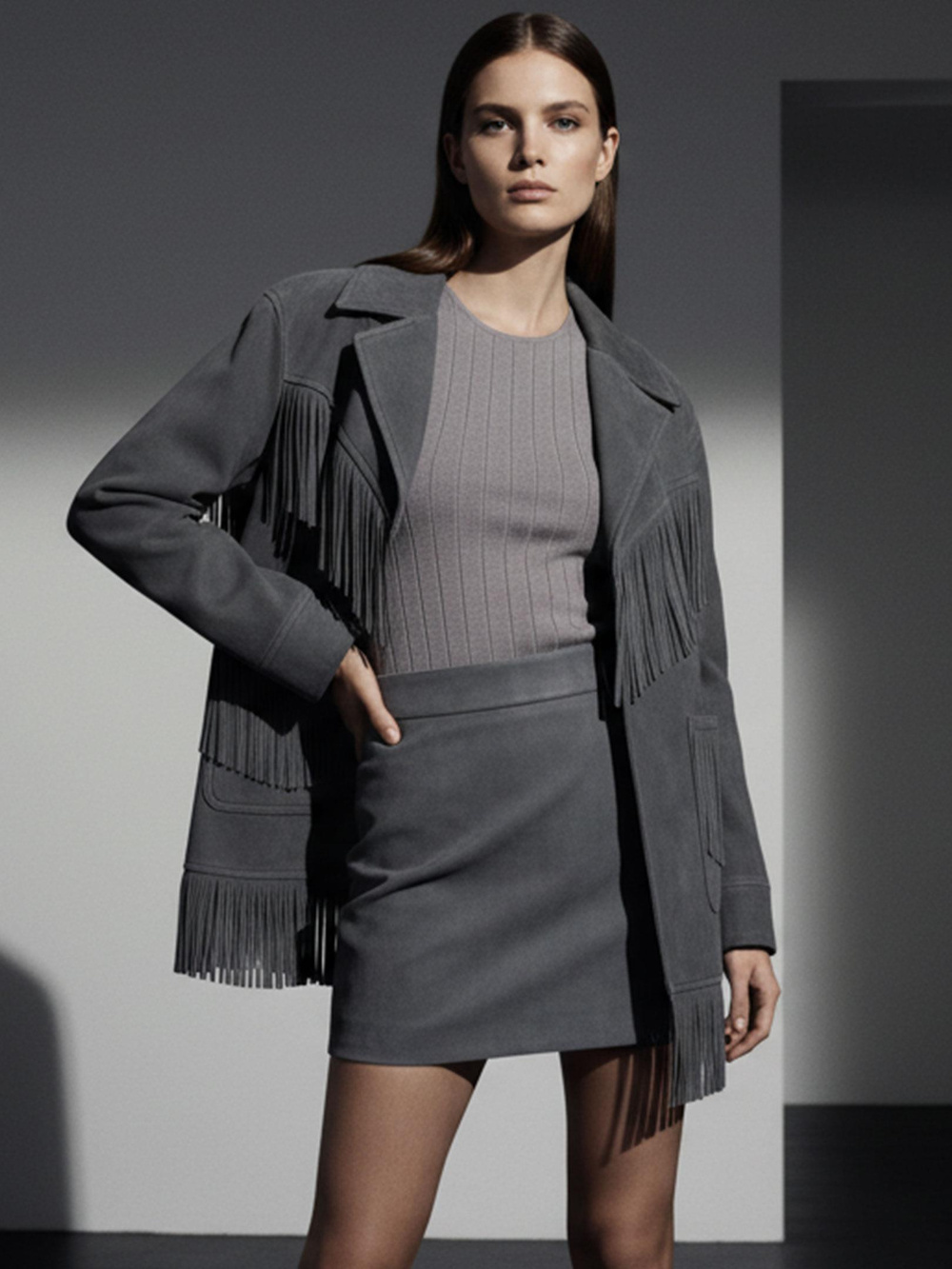 Fermuar Detaylı Süet Mini Etek - Antrasit