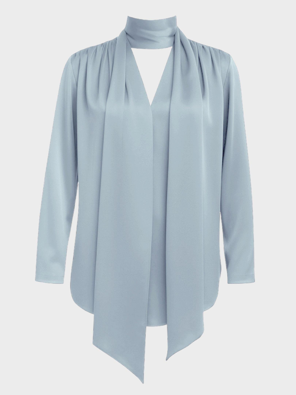 Fular Yaka Saten Gömlek Bluz - Mavi