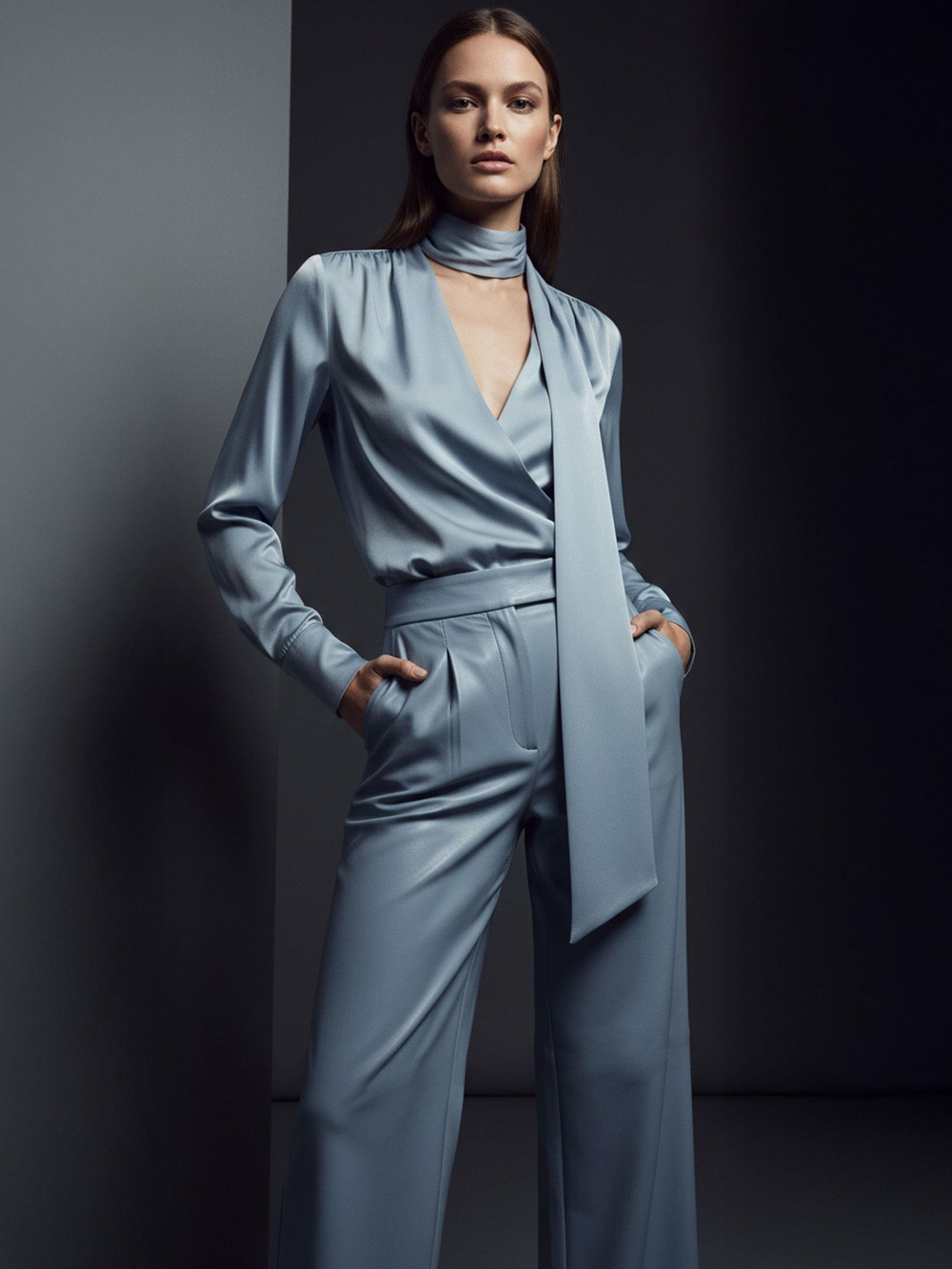 Fular Yaka Saten Gömlek Bluz - Mavi