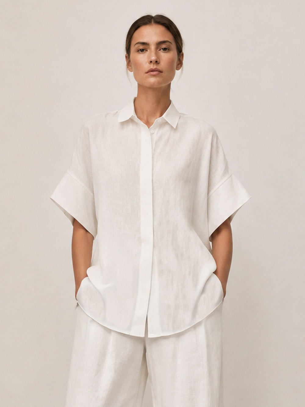 Kısa Kollu Oversize Keten Gömlek - Beyaz