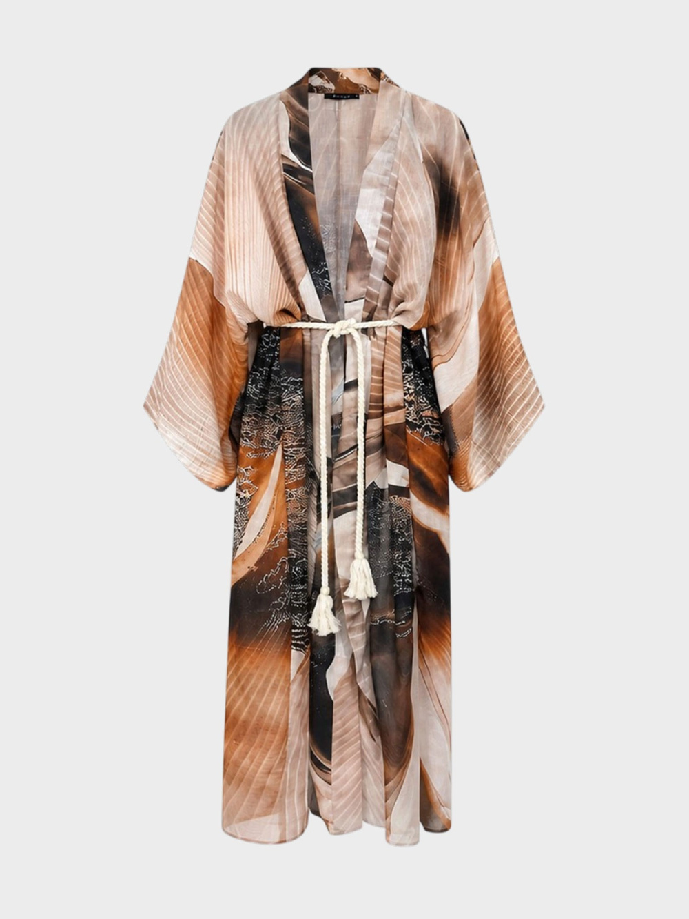 Kuşak Detaylı  Çöl Orkidesi Kimono - Desenli