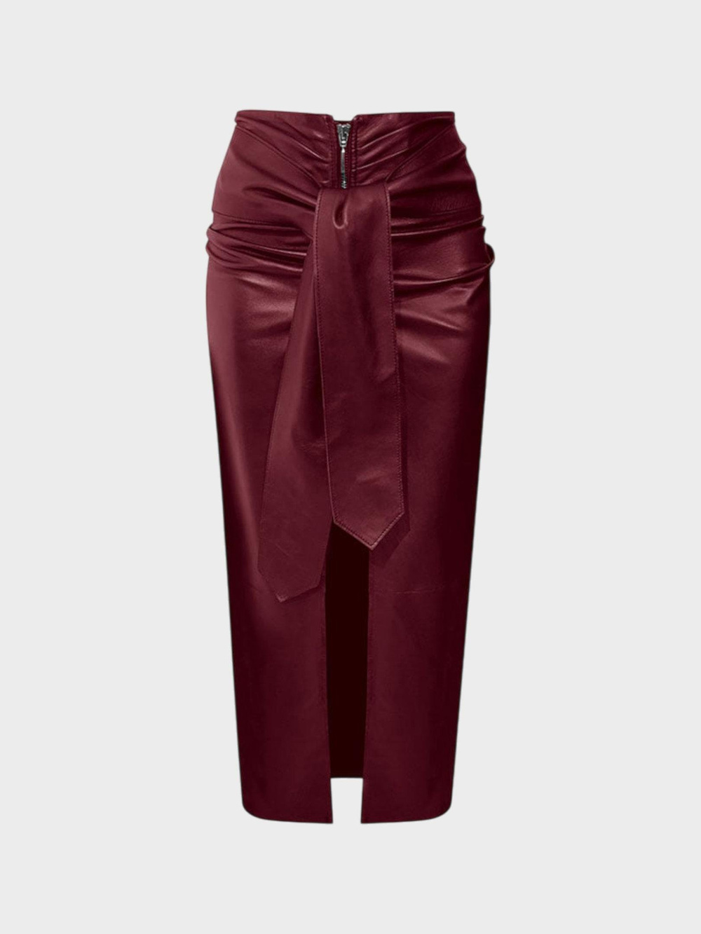 Önden Bağlamalı Fermuarlı Yırtmaçlı Deri Etek - Bordo