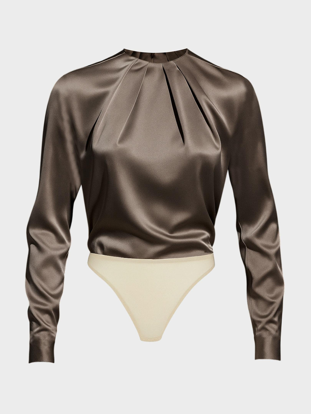 Özel Tasarım Büzgü Yaka Detaylı Çıtçıtlı Body Bluz - Vizon