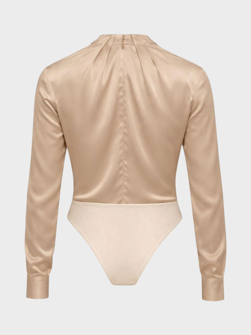 Özel Tasarım Büzgü Yaka Detaylı Çıtçıtlı Body Bluz - Bej