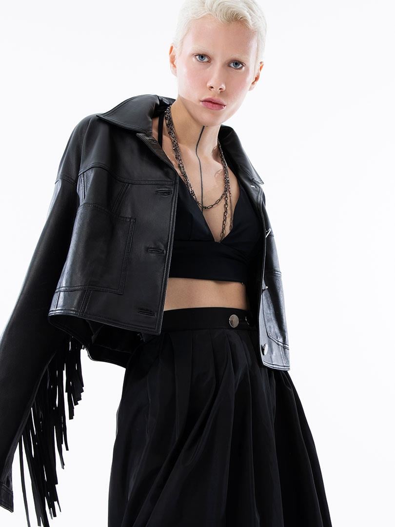 Püsküllü Deri Ceket - Siyah