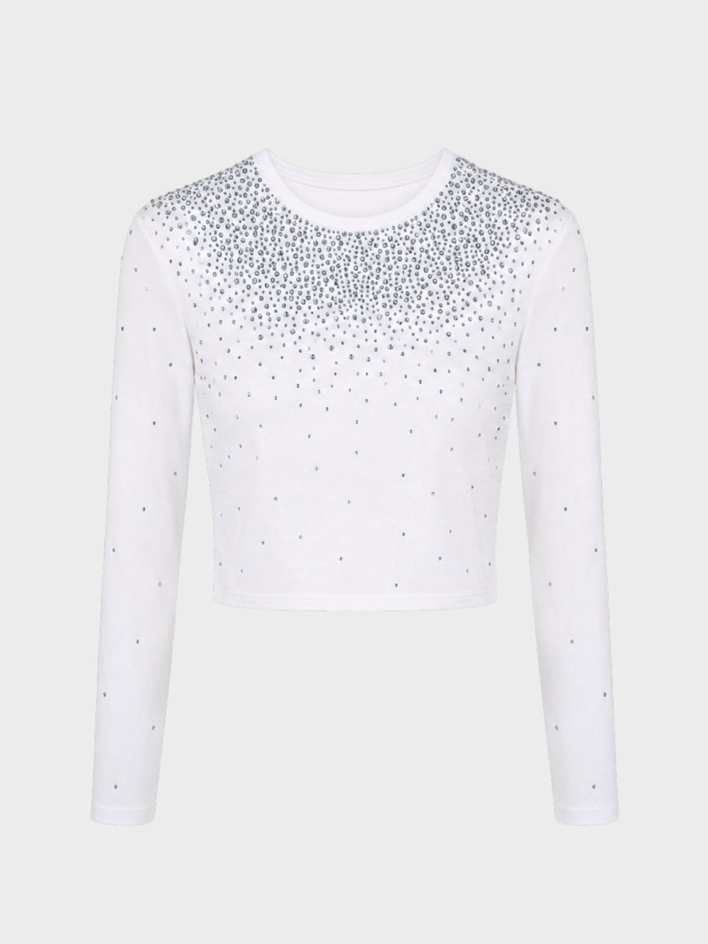 Taş Başkı Bisiklet Yaka Crop Bluz - Beyaz