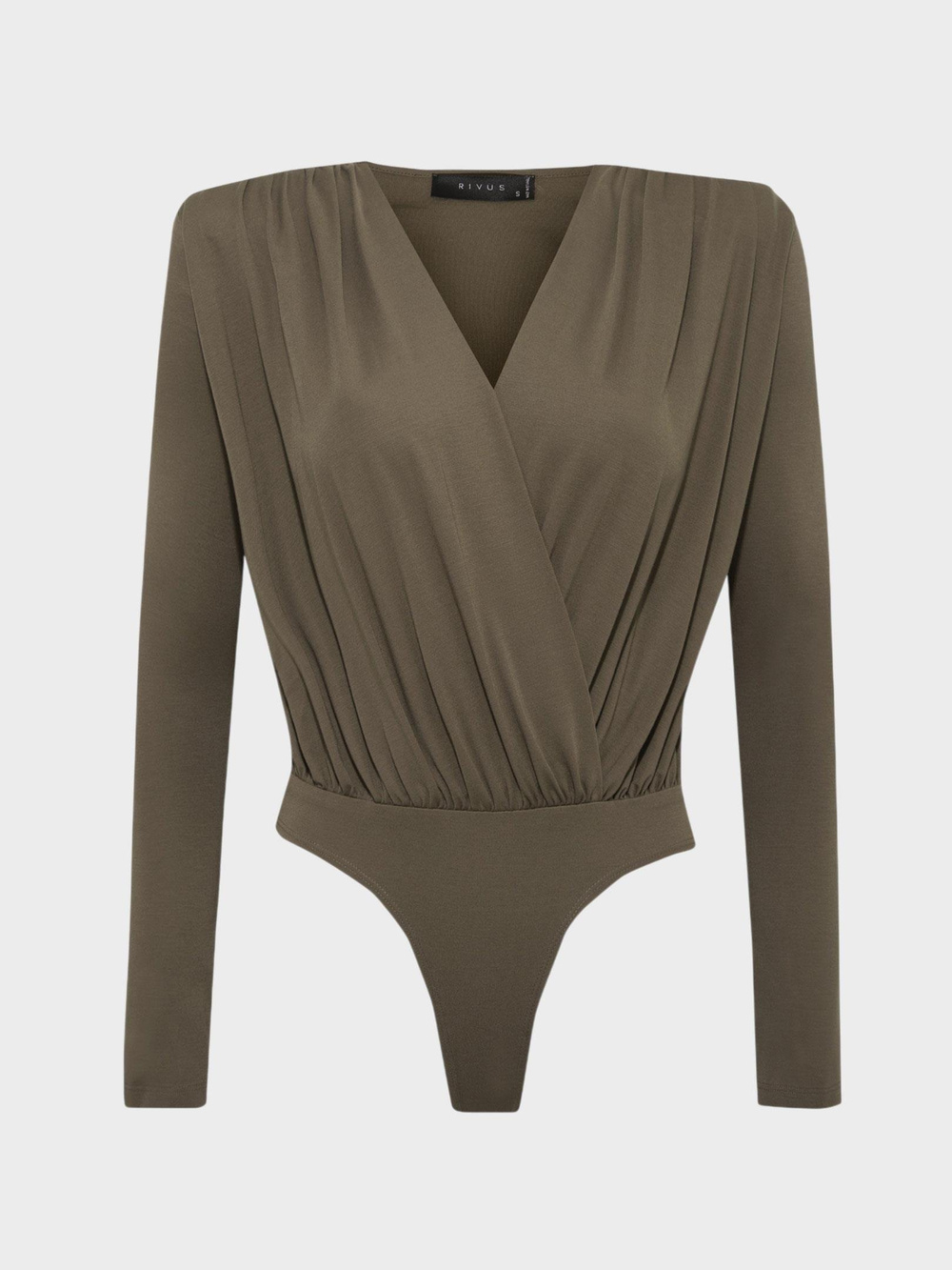 V Yakalı Büzgülü Uzun Kollu Vatkalı Body - Haki