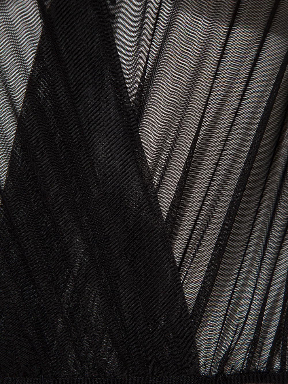 V Yakalı Büzgülü Uzun Kollu Transparan Tül Body - Siyah