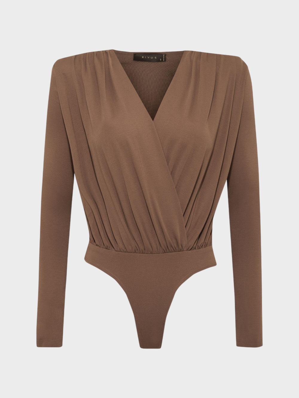 V Yakalı Büzgülü Uzun Kollu Body - Vizon