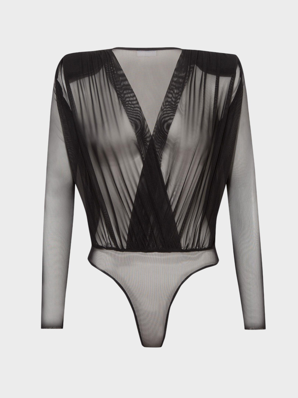 V Yakalı Büzgülü Uzun Kollu Transparan Tül Body - Siyah