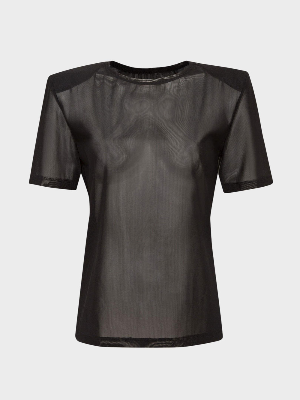 Vatkalı Bisiklet Yaka Tül T-Shirt - Siyah