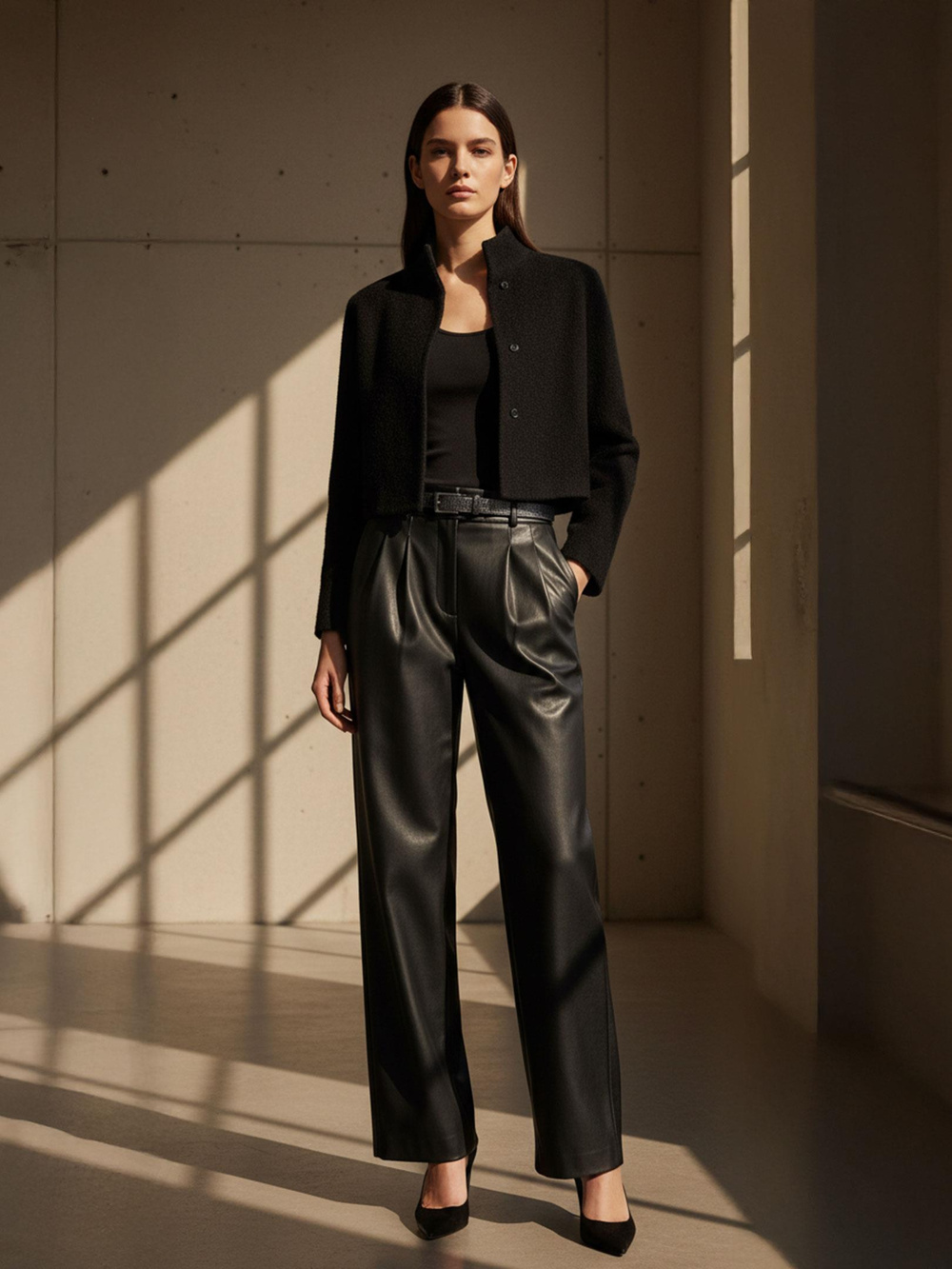 Yüksek Belli Bol Paçalı Maxi Boy Pileli Vegan Deri Pantolon - Siyah