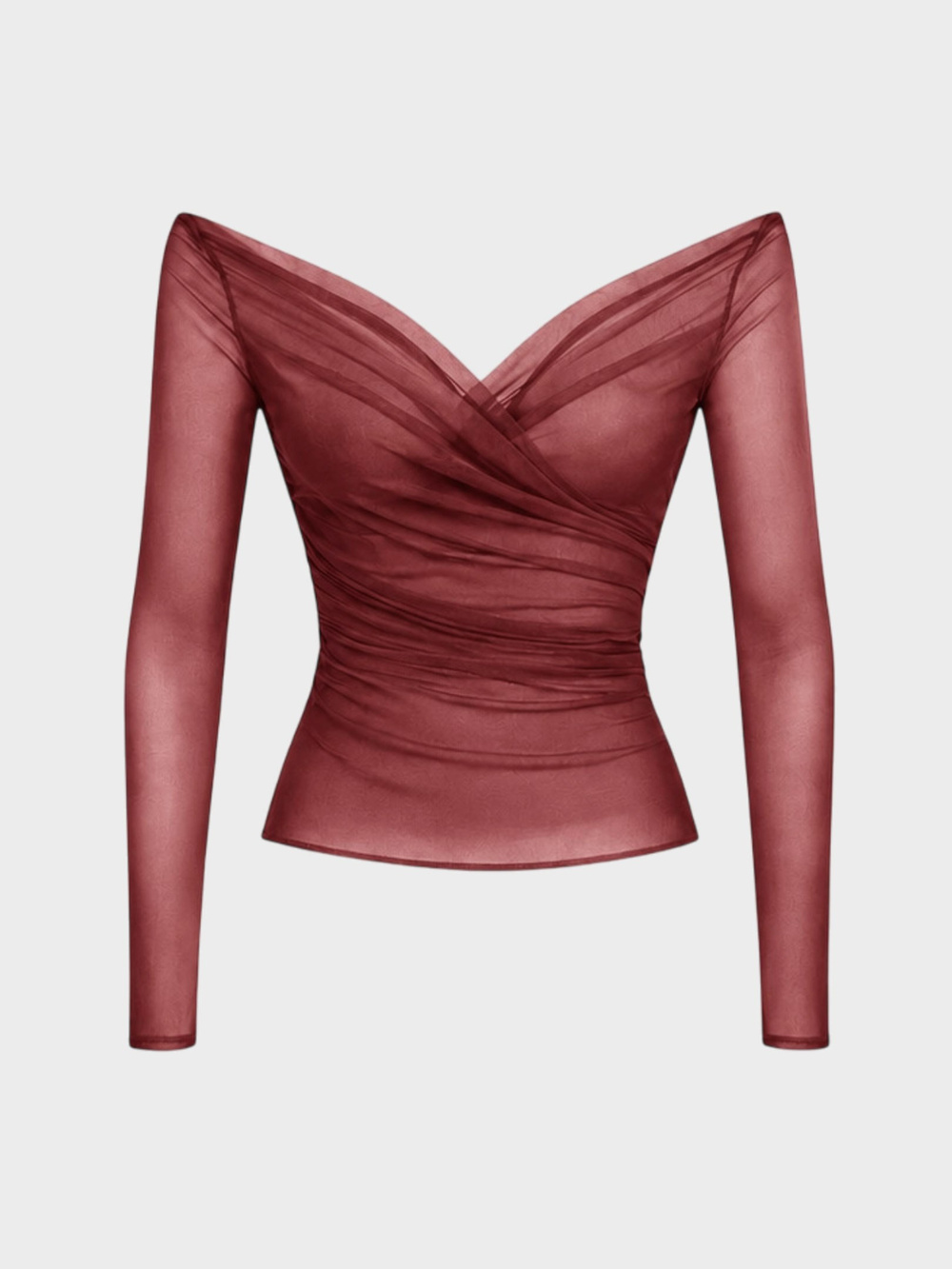 Kayı Yaka Büzgü Drape Detaylı Uzun Kol Tül Bluz - Bordo