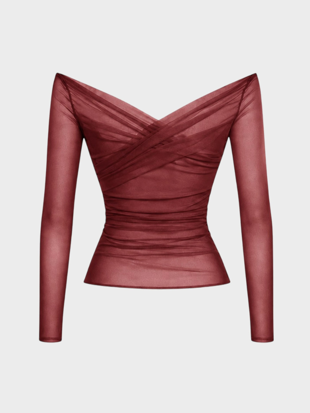 Kayı Yaka Büzgü Drape Detaylı Uzun Kol Tül Bluz - Bordo