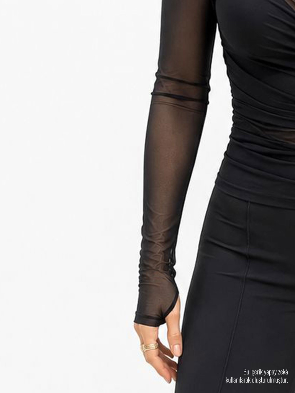 Kayı Yaka Yandan Fermuarlı Drape Detaylı Uzun Kol Tül Bluz - Siyah