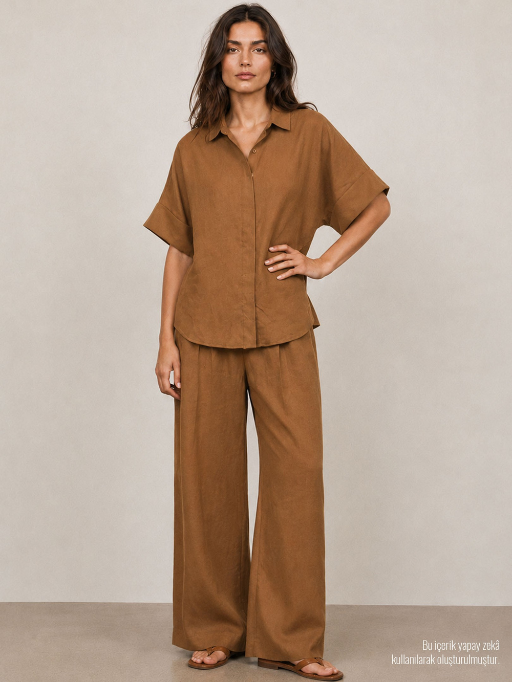 Kısa Kollu Oversize Keten Gömlek - Kahve