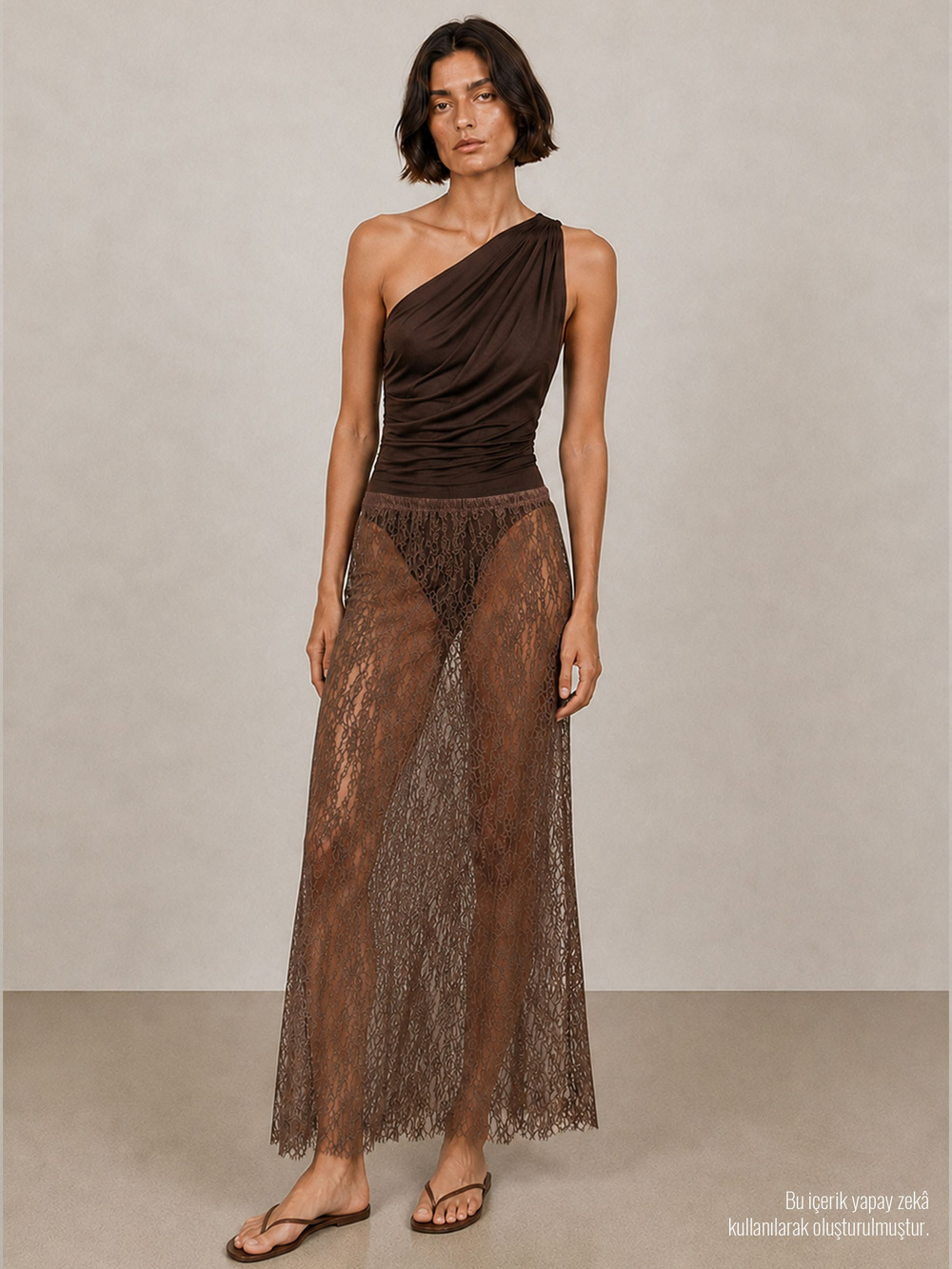 Tek Omuzlu Drape Detaylı Şık Body - Kahve