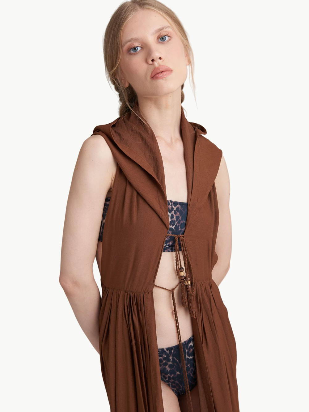 Kapüşonlu Uzun Kimono - Kahve