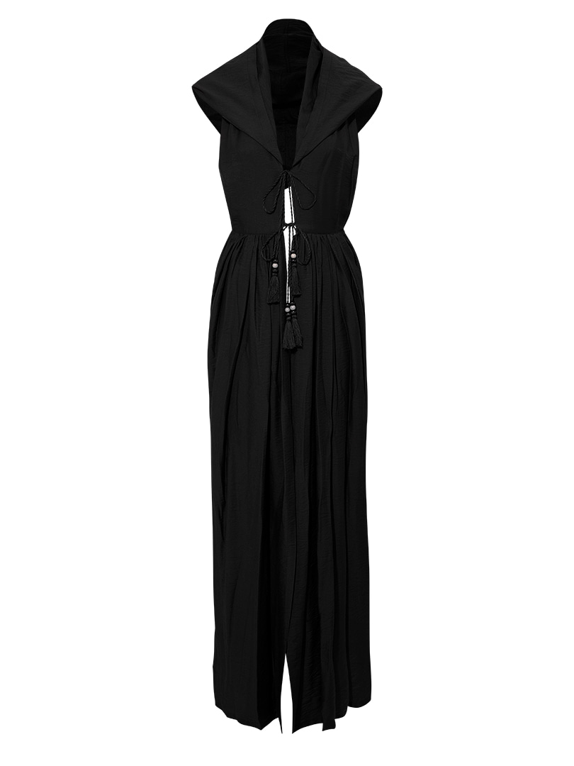 Kapüşonlu Uzun Kimono - Siyah