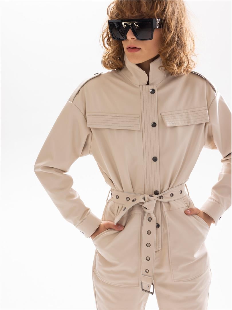 Kemerli Deri Tulum - Ekru