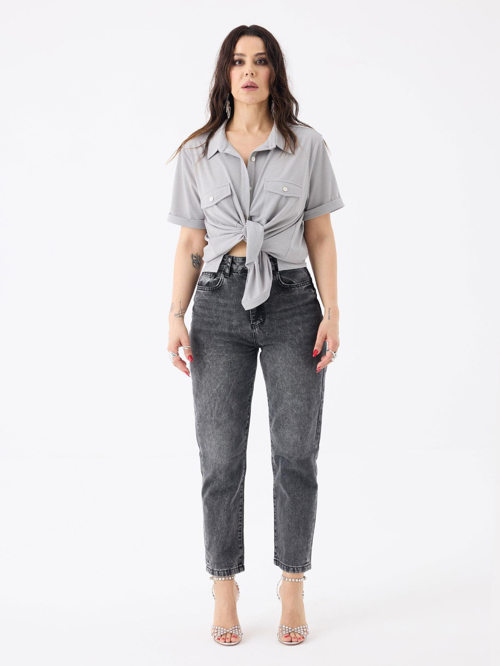 Kısa Kol Cep Detaylı Salaş Gömlek - Gri