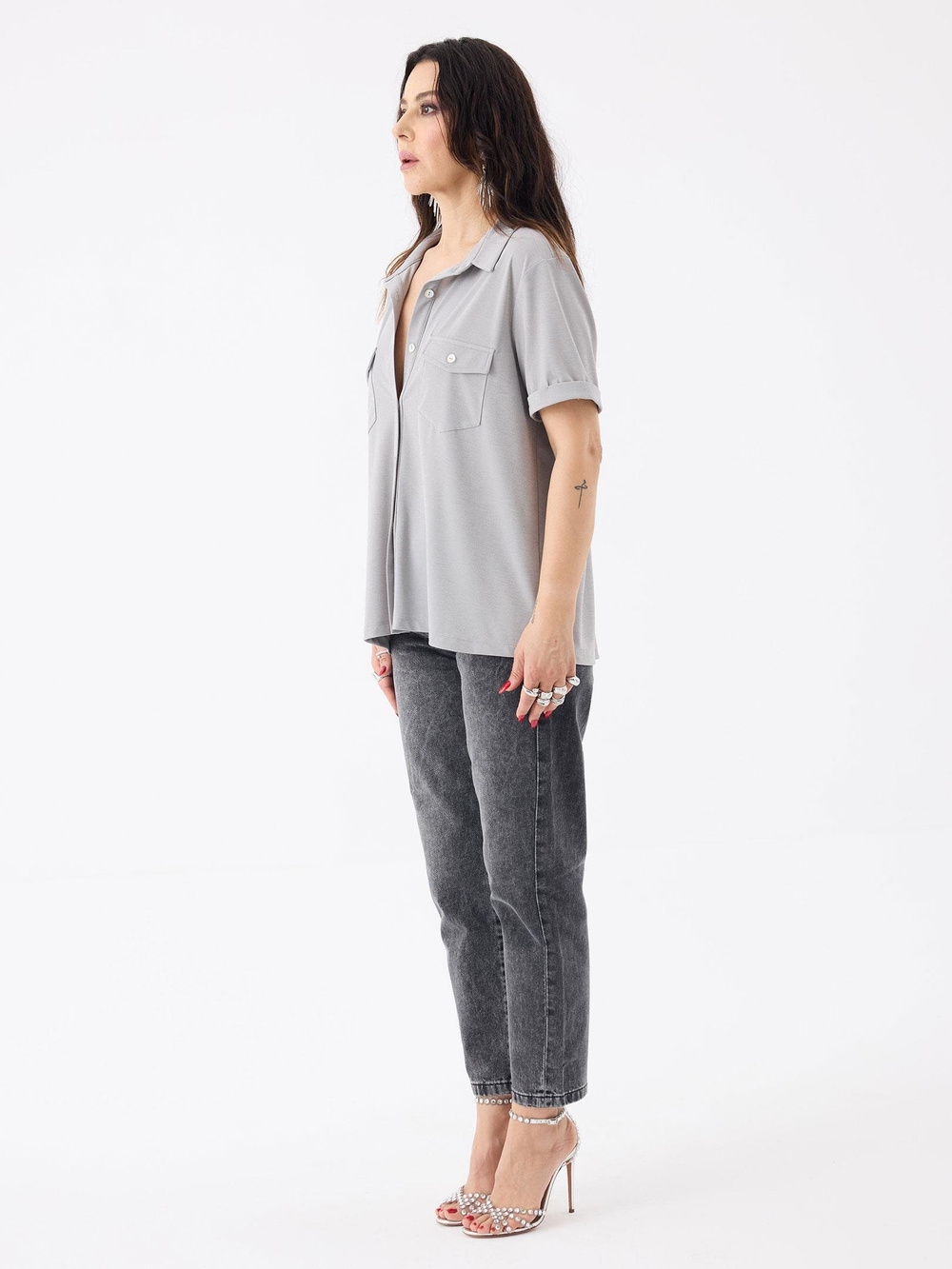 Kısa Kol Cep Detaylı Salaş Gömlek - Gri
